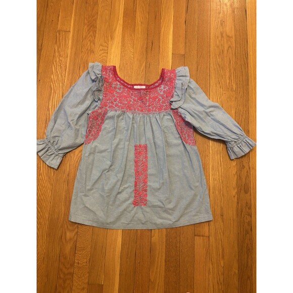 Mi Golondrina Fernanda Top Blouse Embroidered Blue Chambray Pink Floral XS - Picture 1 of 10